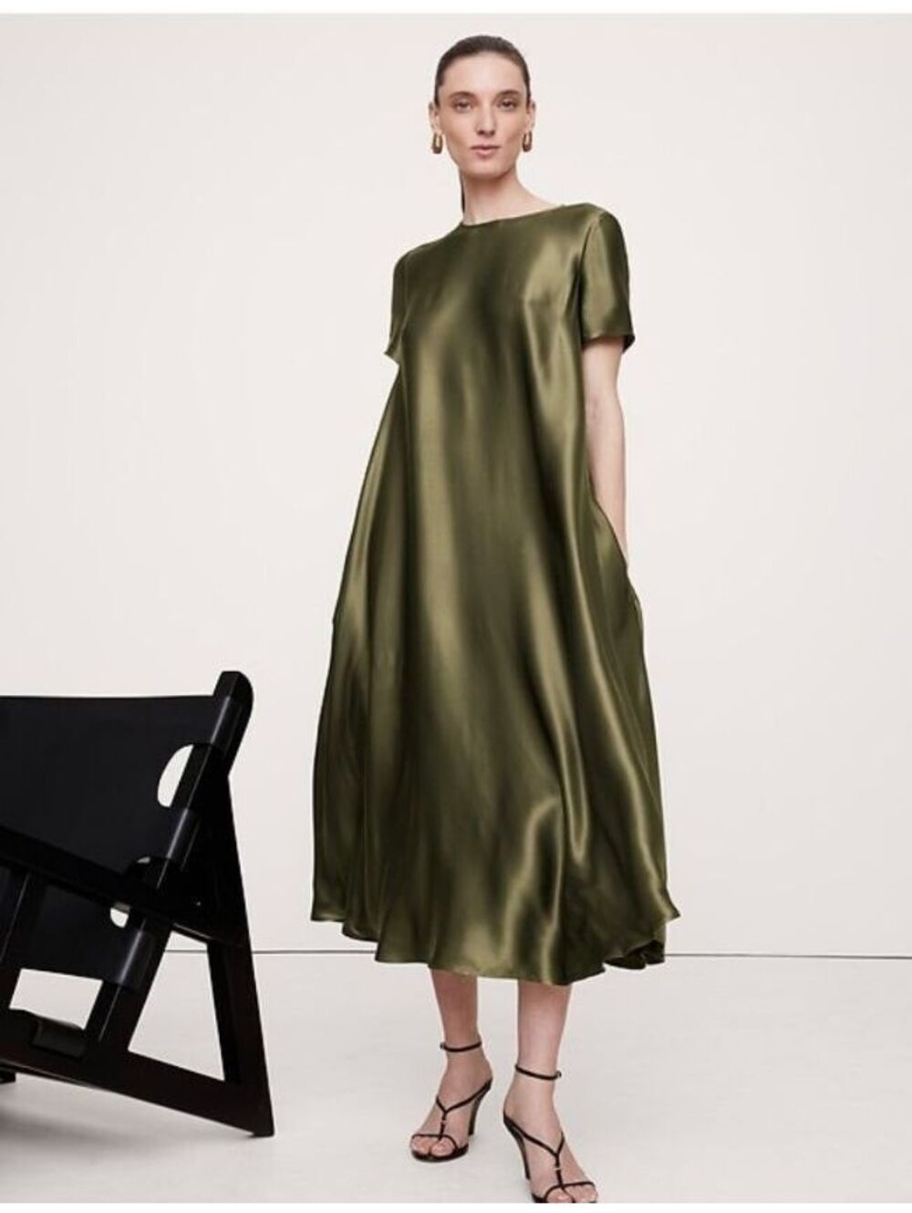 Banana Republic Aurelia Italian Satin Trapeze Dress Green party evening